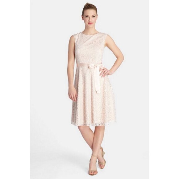 💕TAHARI by ASL💕 Glitter Lace Trim Metallic Ribbon Belted Dress Light Pink 18W - Picture 5 of 14
